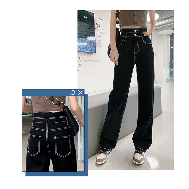 Hitam Highwaist Kulot Straight Loose Celana Panjang Jeans Wanita Kekinian Korean
