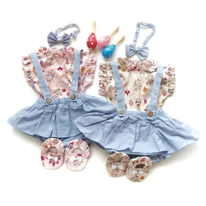 Setelan baju bayi perempuan lucu rok overall baju jumper bandana sepatu bunga / set baby girl cutie overall bloomer