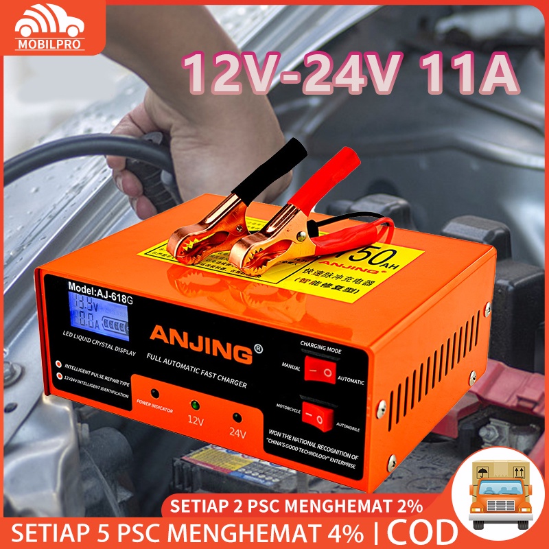 Charger Aki Mobil Motor 130W 11A Manual Otomatis Cepat Pengisian LED Cerdas Pulse Perbaikan untuk Mobil Motor Penyimpanan Baterai 12V 24V