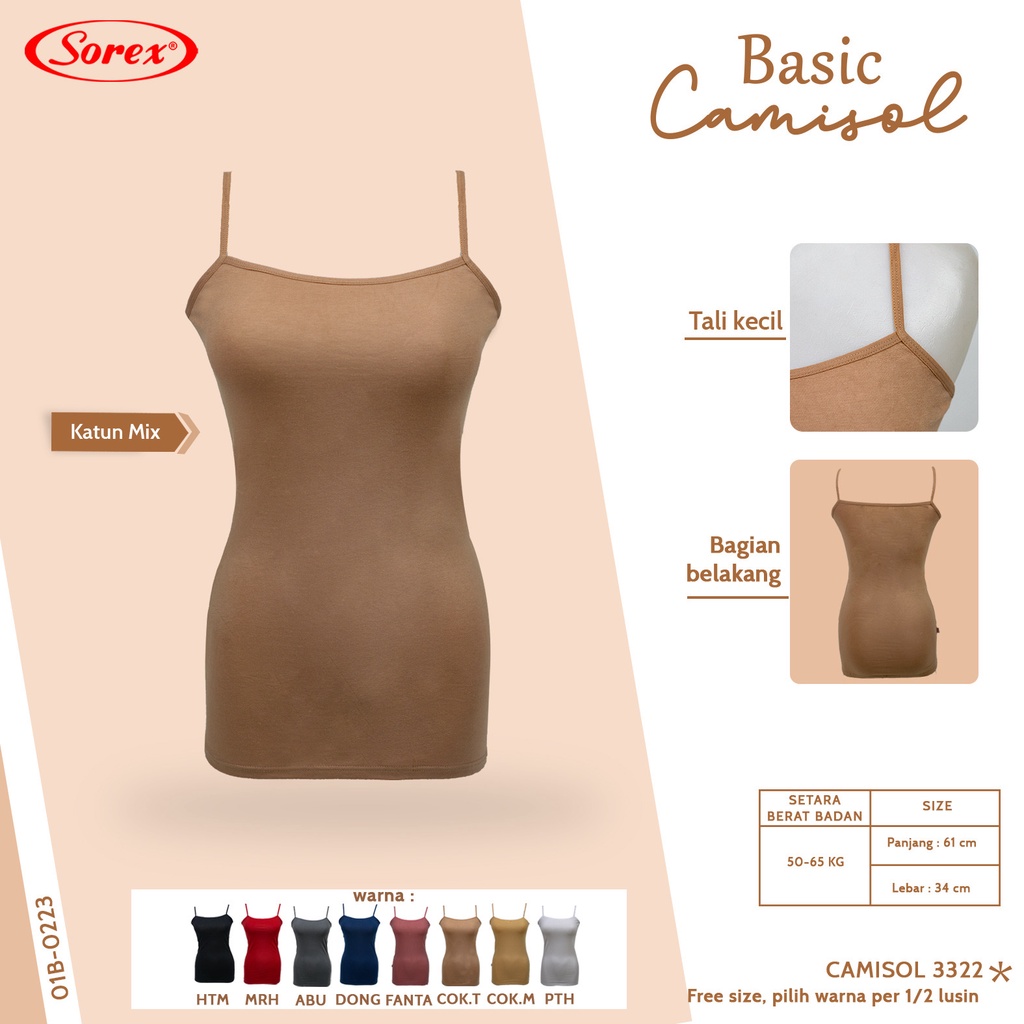 Sorex Tanktop Kamisol Katun 3322 || bahan impoer bagus IMPORT PANJANG HINGGA BAWAH - CAMISOL SINGLET SATU TALI SOREX 3322- TANK TOP WANITA TALI KECIL - BASIC ORIGINAL