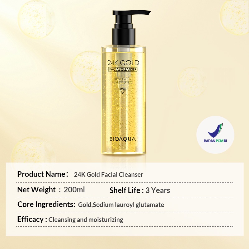 [BPOM][100% ORIGINAL] Bioaqua 24K Gold Facial Cleanser 200ml Q21A0125/ low ph facial foam/pembersih wajah facial