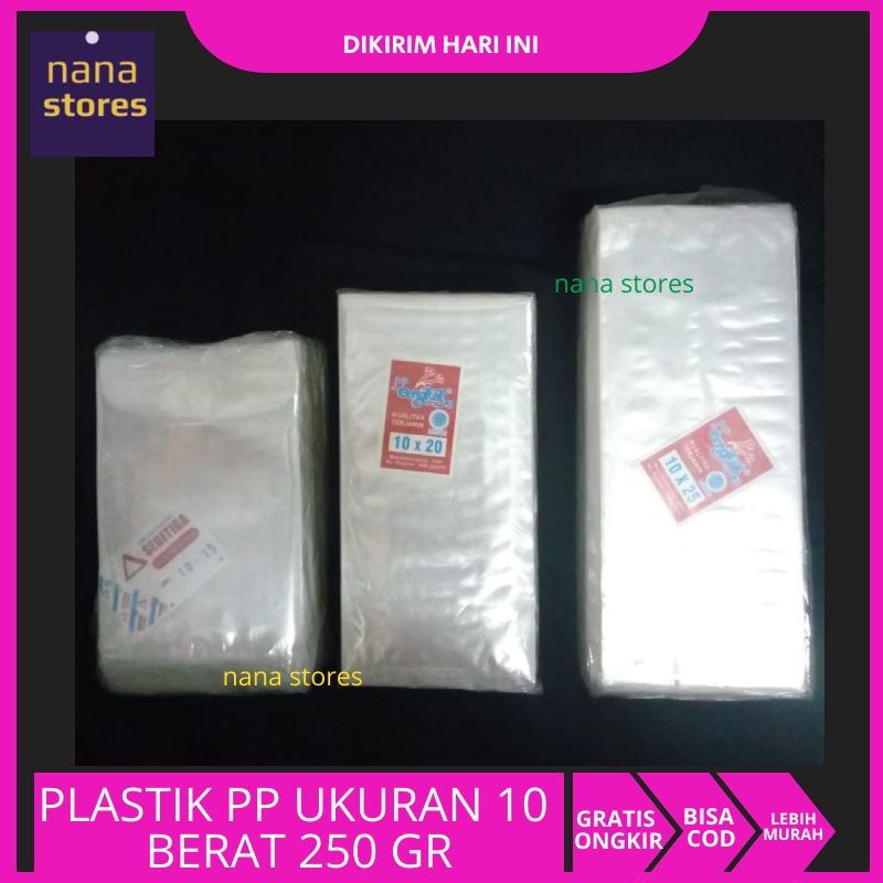 Plastik PP, plastik bening, plastik bungkus makanan dan barang ukuran 10 tebal 0.3 micron berat 250 