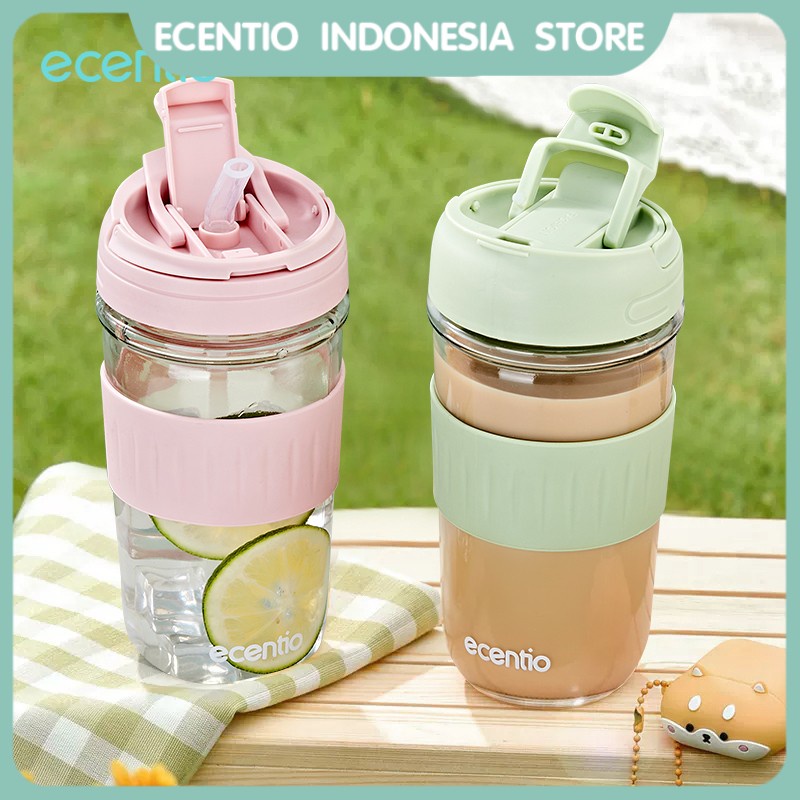 ecentio Tumbler Gelas Kopi Kaca 500ml Dengan Sedotan Air Minum Coffee Botol Minum Mug Cup Glass