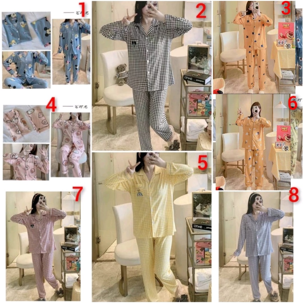 Baju tidur piyama lengan panjang celana panjang model krah bahan spandek import