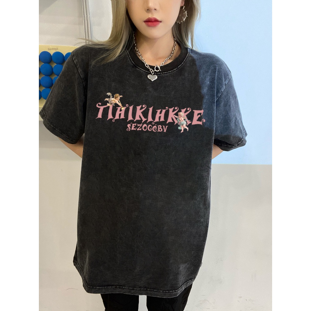 t shirt Hitam(washed) kaos t shir huruf baju wanita shirt oversize