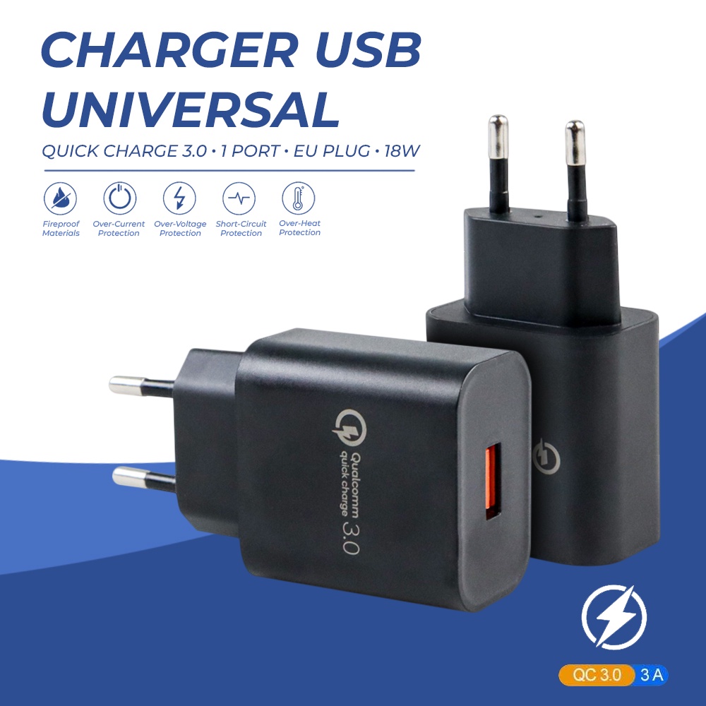 GV8 Gusima Charger Usb Universal Quick Charge 3.0 1 Port Eu Plug 18w Gs-552 Black Or-i
