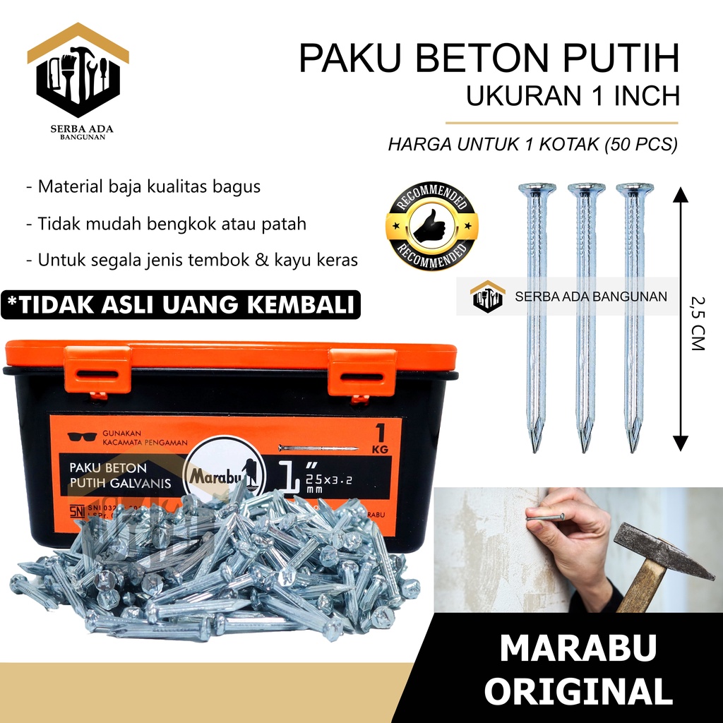 Paku BETON PUTIH GALVANIS MARABU ORI 1&quot; 2&quot; 3&quot; 4&quot; / 3 4 5 7 10 cm Dinding Tembok Kayu Alumunium Pvc