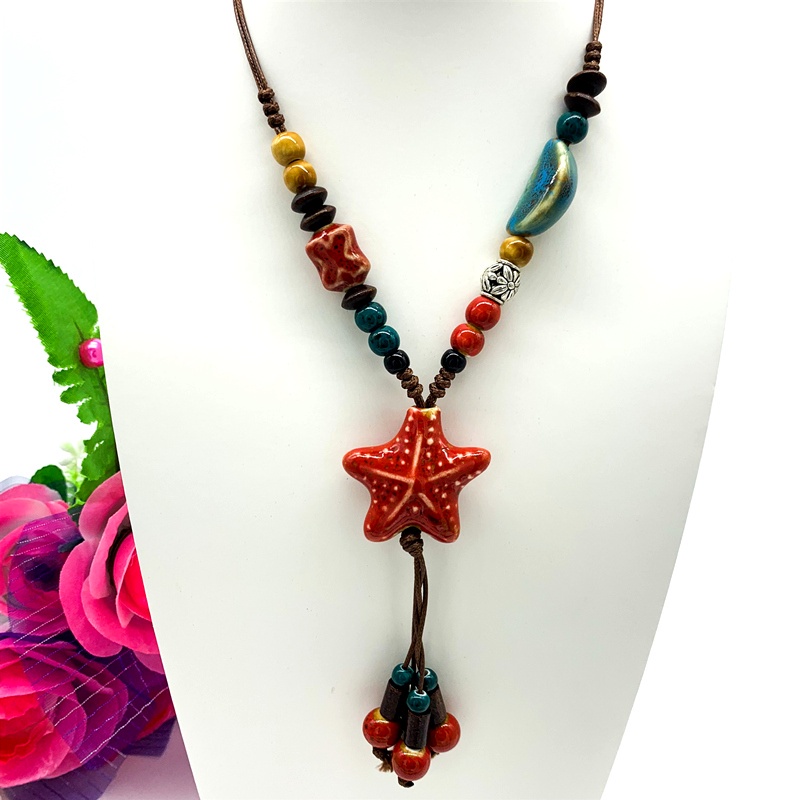 Fashion Long Ethnic Style Ceramic Pendant Necklace Jewelry DIY Rope Necklace Length Adjustable