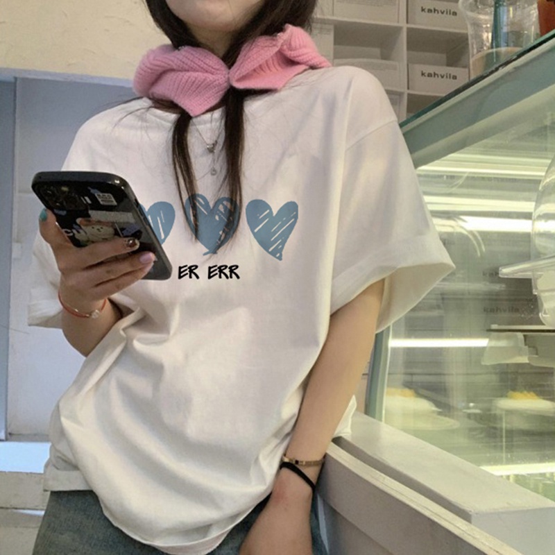 Print T-shirt Kaos Lengan Pendek Blue Herat Atasan Wanita Korean Style