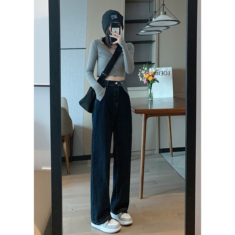 Korea Retro Wide leg Celana Jeans Panjang Wanita Loose High Waist Jens Pants