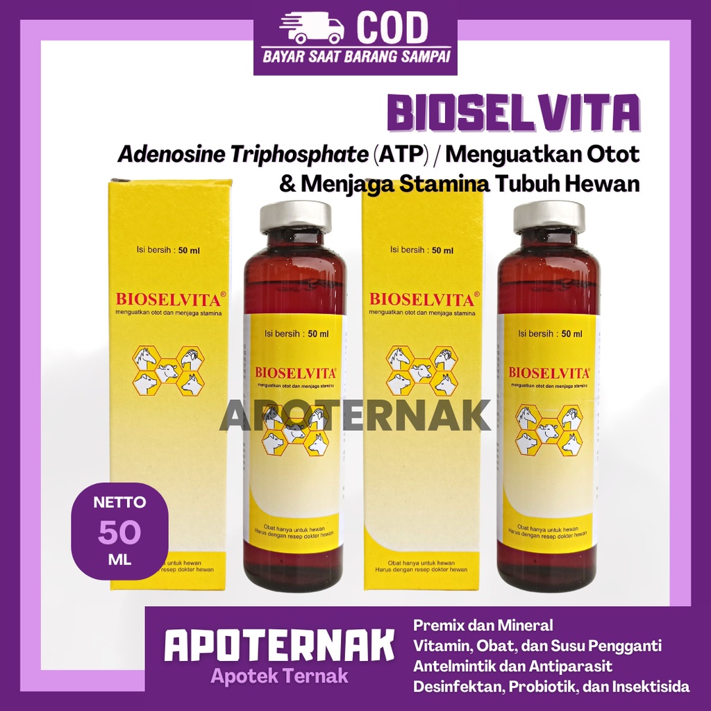 BIOSELVITA 50 mL | Injeksi ATP Menguatkan Otot dan Menjaga Stamina Hewan Ternak Sapi kambing Domba Babi Ayam | Seperti BIODIN dan BIOSAN TP | MEDION | Apoternak