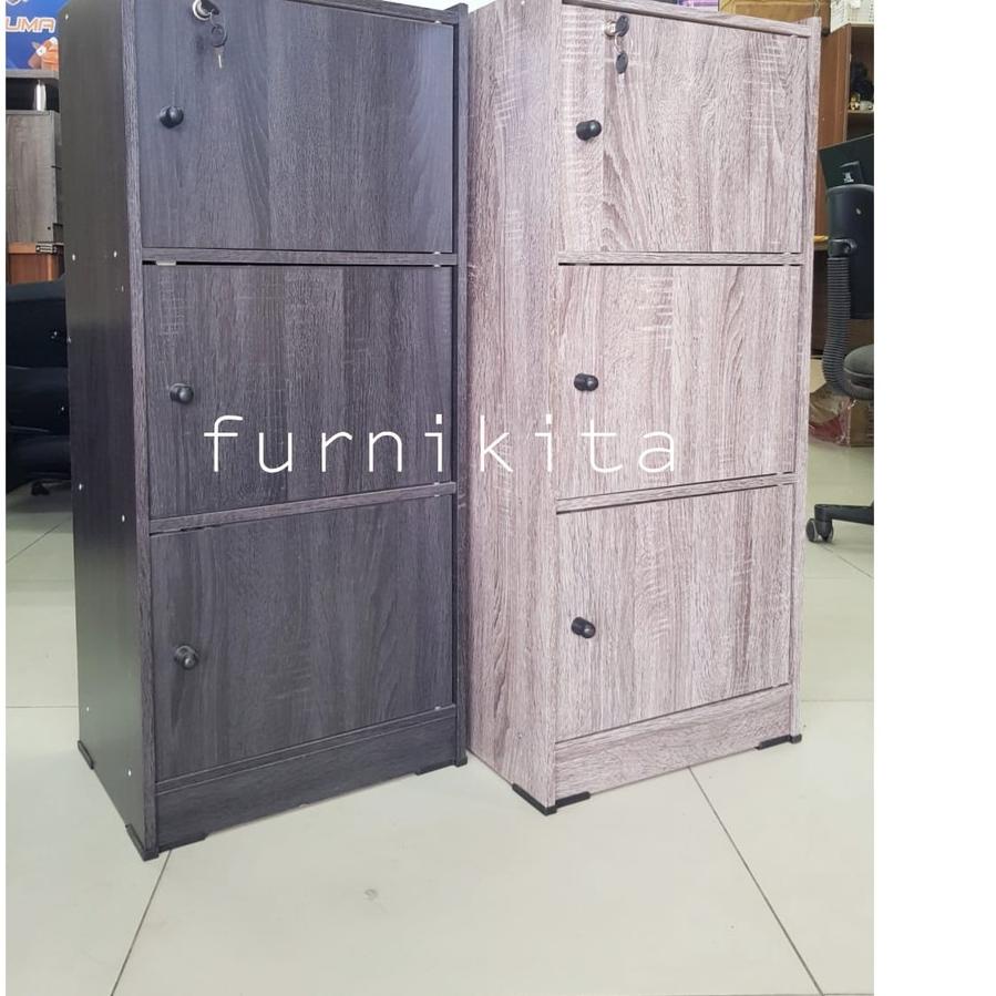 ➭ RAK SERBAGUNA SUSUN 3 KAYU DENGAN PINTU DAN KUNCI RAK BUKU ➦