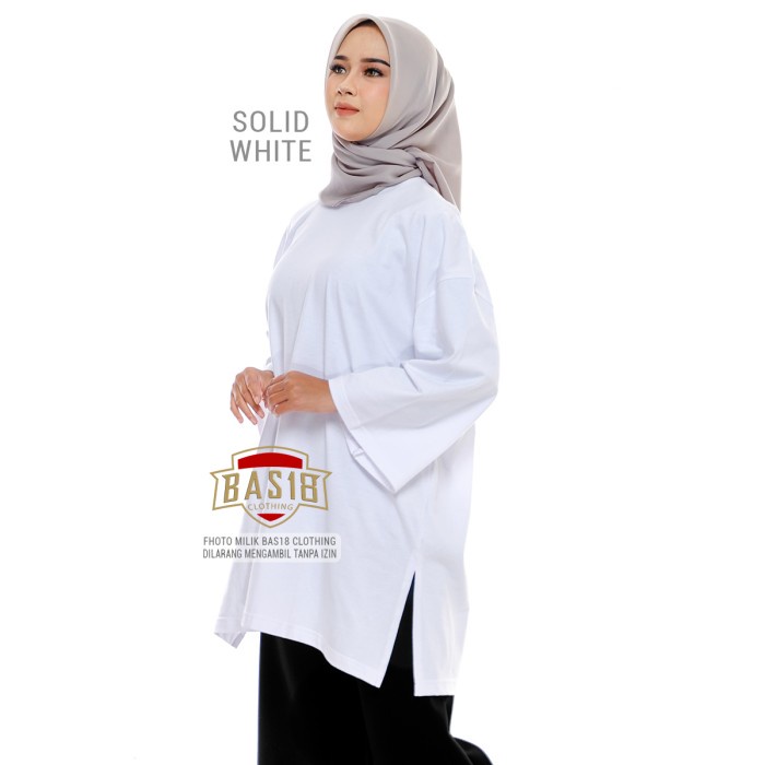 Khimar Syari Kaos Tunik Wanita Polos Jumbo Oversize Tangan 3/4 Katun Adem Tebal - Putih H0E9