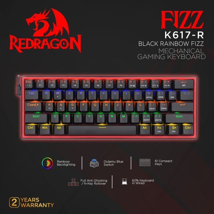 Terlaris Redragon Mechanical Gaming Keyboard 60% Black Rainbow Fizz - K617-R
