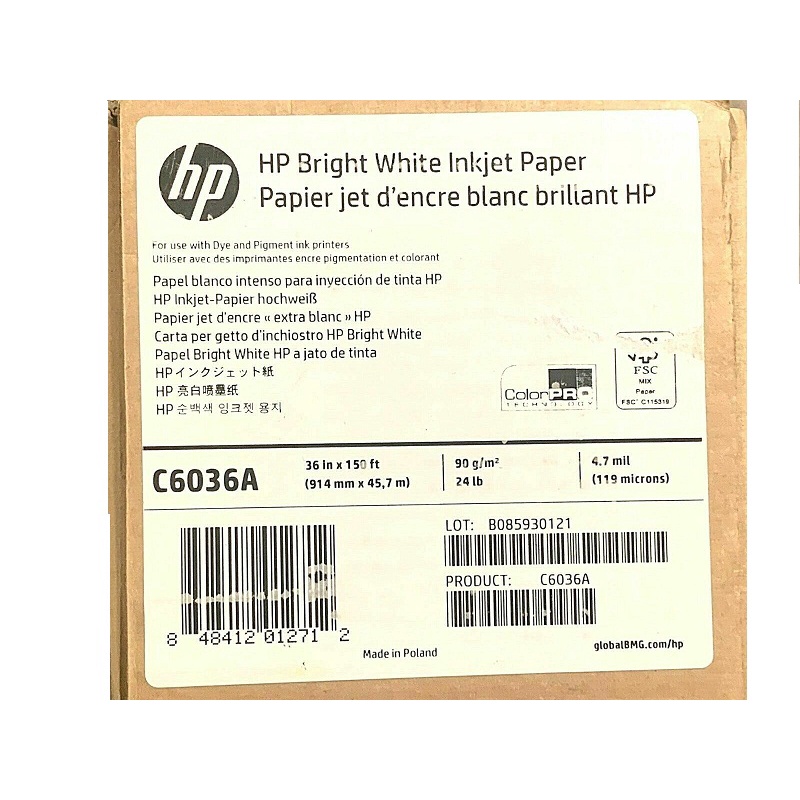 

HP Media BrightWhite Inkjet Paper 4.7 mil 90g/m2(24lbs) 914mmx45.7m C6036A