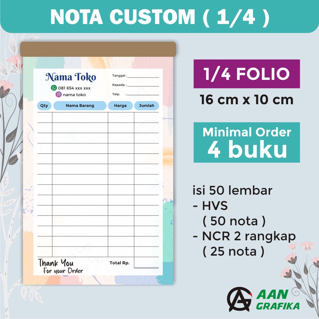 

NOTA CUSTOM olshop / toko / laundry / kwitansi (ukuran 1/4) 1 & 2 ply
