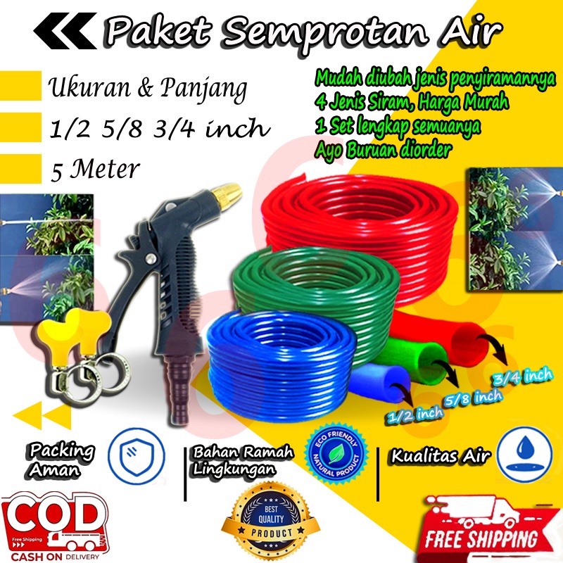 SEPAKET KEPALA SEMPROTAN SELANG AIR ELASTIS 1/2 5/8 3/4 INCH 1 ROL 5 METER PERALATAN BERKEBUN MURAH COD