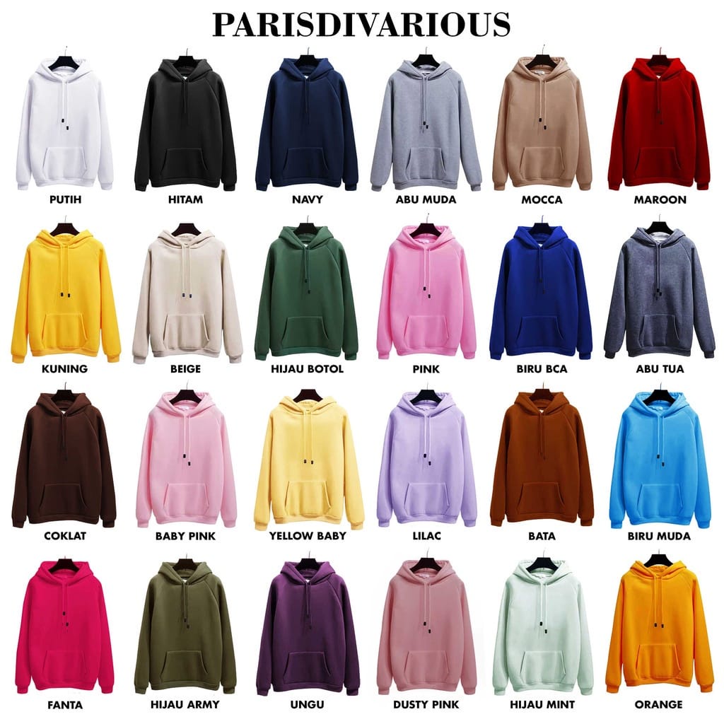 Parisdivarious Sweater Hoodie Jemper Polos Free Topi Bahan Fleece Size S - XXL (Pria &amp; Wanita)