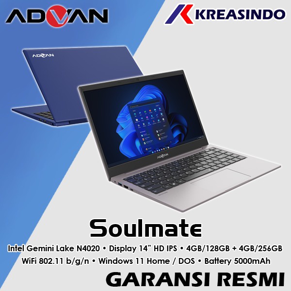 ADVAN Laptop Soulmate Notebook Celeron N4020 14&quot; RAM 4GB 128GB / 256GB