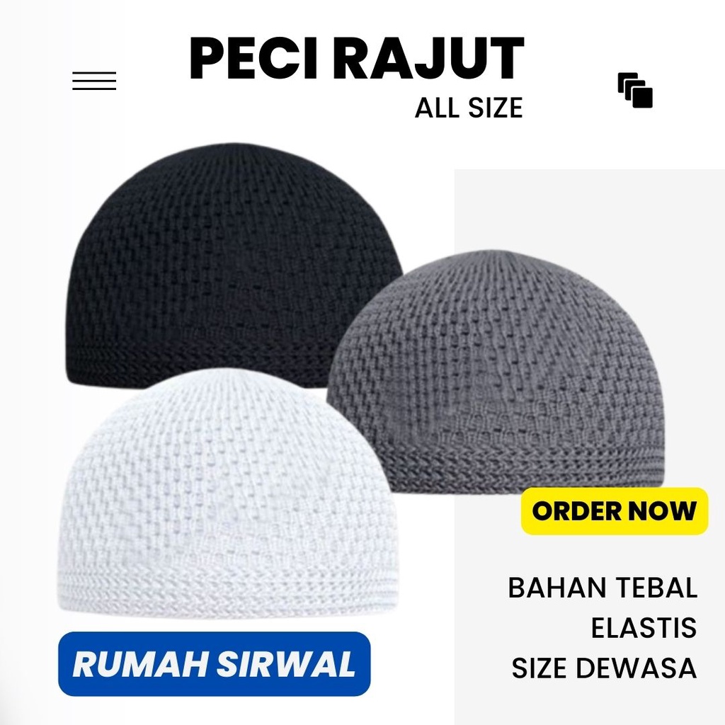 Peci Rajut Dewasa / Peci Haji / Peci Putih / Kopiah Rajut / Peci Rajut Polos Tebal Elastis / PECI RA