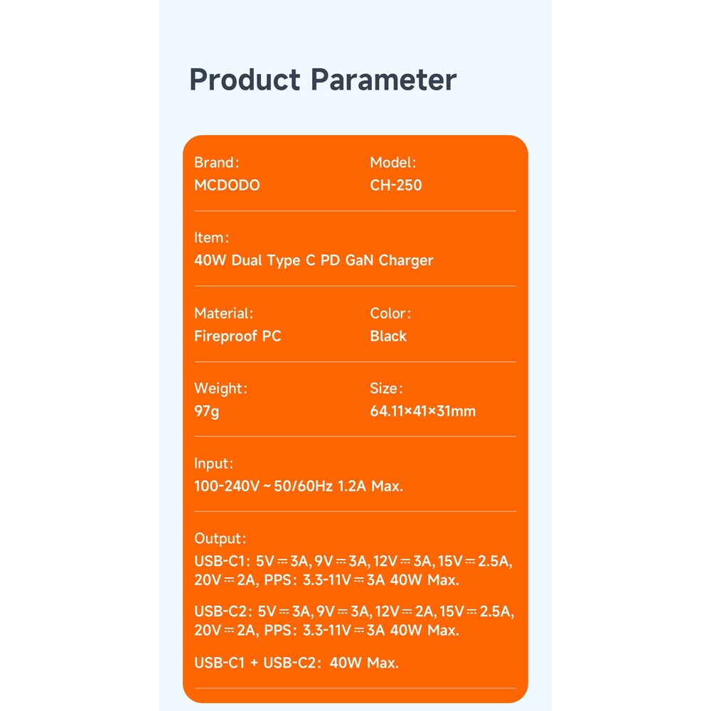 MCDODO CH-2501 Adapter 40W Dual Type C - GaN Technology - Garansi Resmi 6 Bulan