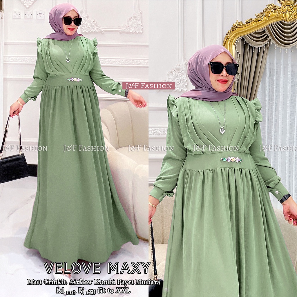 Gamis Crinkle Payet Gamis Wanita Gamis Pesta Bahan Crinkle Kombi Payet Mutiara VELOVE Maxi