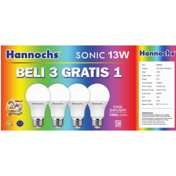 Lampu Led Bohlam Paket Hemat (BELI 3 GRATIS 1) HANNOCHS SONIC 6w / 10w / 13w Watt ORIGINAL