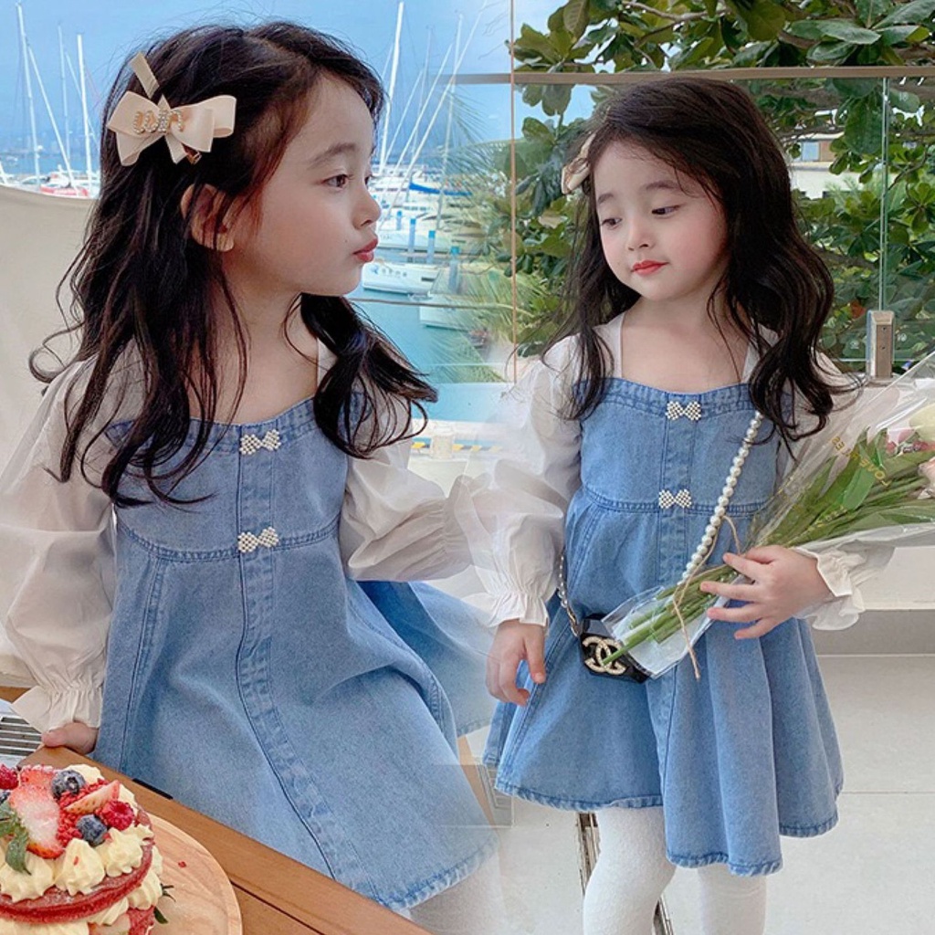 Midi Dress Lengan Panjang Anak Perempuan Fashion Import - Denim Pita