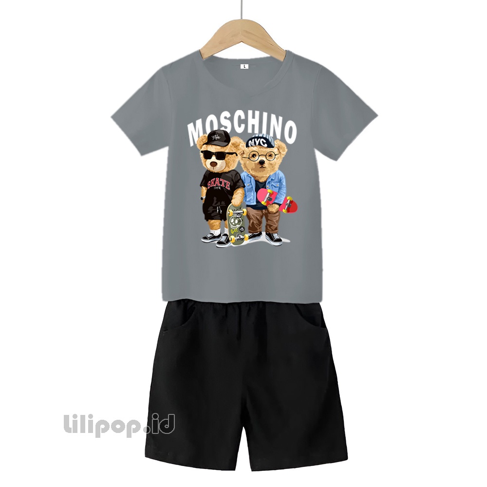 Baju Anak Stelan Kaos 3/4 Moschino.skaterboard Bear Cowok Cewek  Usia 2 - 7 Tahun Celana Pendek Harian