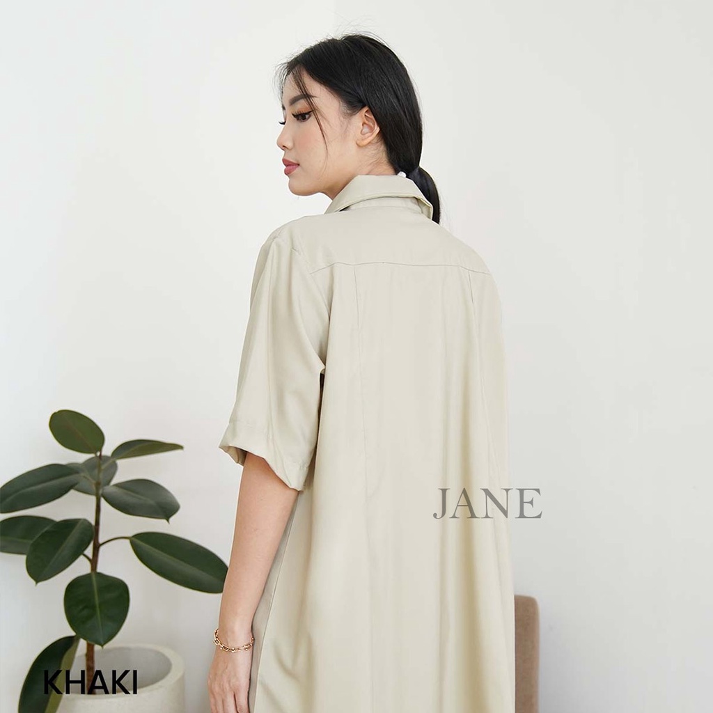 JANE COLLECTION || Dress Oversize Kancing Depan Kemeja Kantor Wanita Basic Cotton Casual Midi Ukuran Bigsize Jumbo Loose Dress Katun Milly