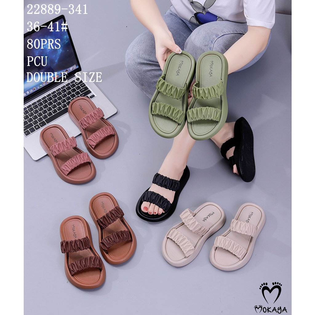 Sandal Slop Wedges Ban 2 Kerut Super Pretty Trendy Kekinian Casual Import Mokaya / Size 36-41 (22889-341/-14)