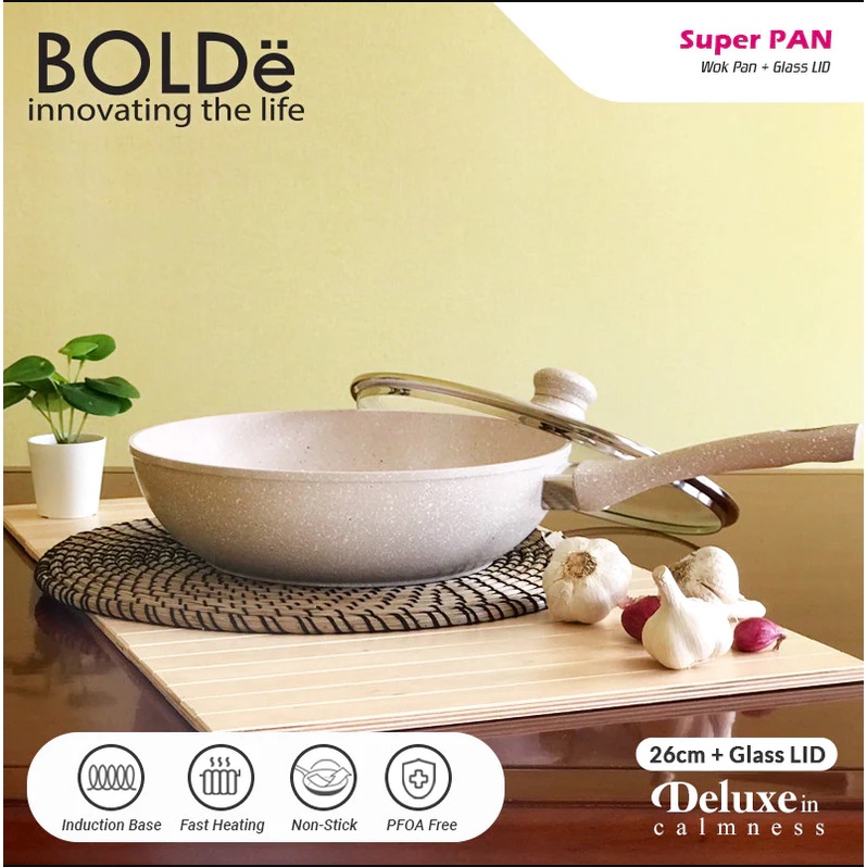 Wajan Super Pan Wok 28 CM + Glass LID Beige Bolde