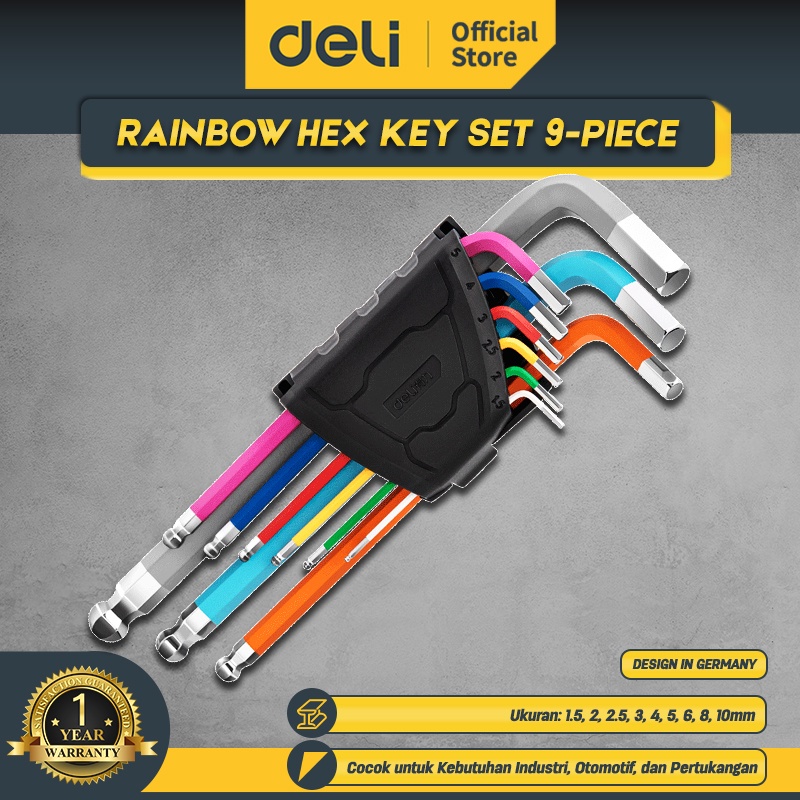 Deli Rainbow Hex Key Set 9-piece set / Set Kunci L 9Pcs Ujung Bola Warna-Warni DL232509