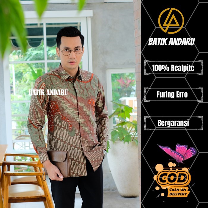 Baju Batik Pria Lengan Panjang Modern Kualitas Premium Warna Hijau Sage Orange