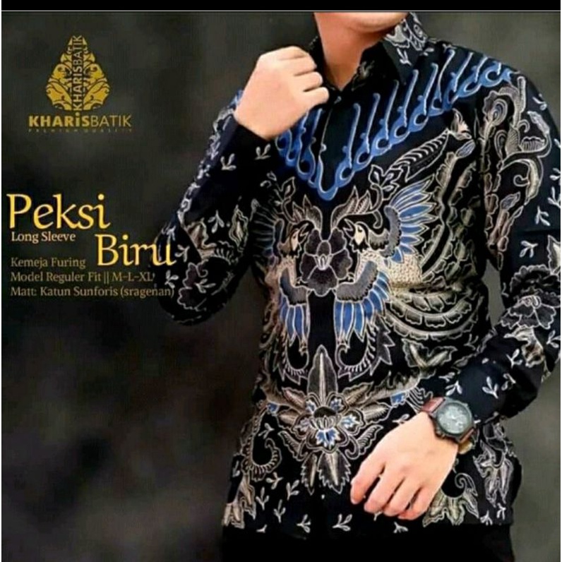 KHARIS Kemeja Batik Pria Lengan Panjang Full furing Bahan Katun Halus Sragenan