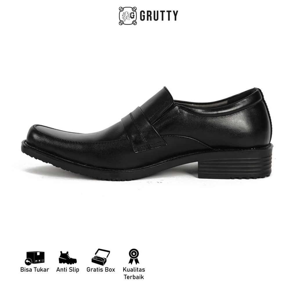 Sepatu Pria Formal Pantofel Kerja Kulit model slip on Grutty DC003 Hitam