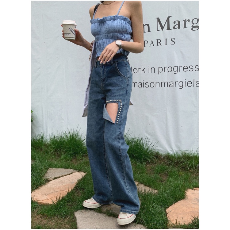 american retro celana jeans highwaist wanita korea sobek kekinian straight pants