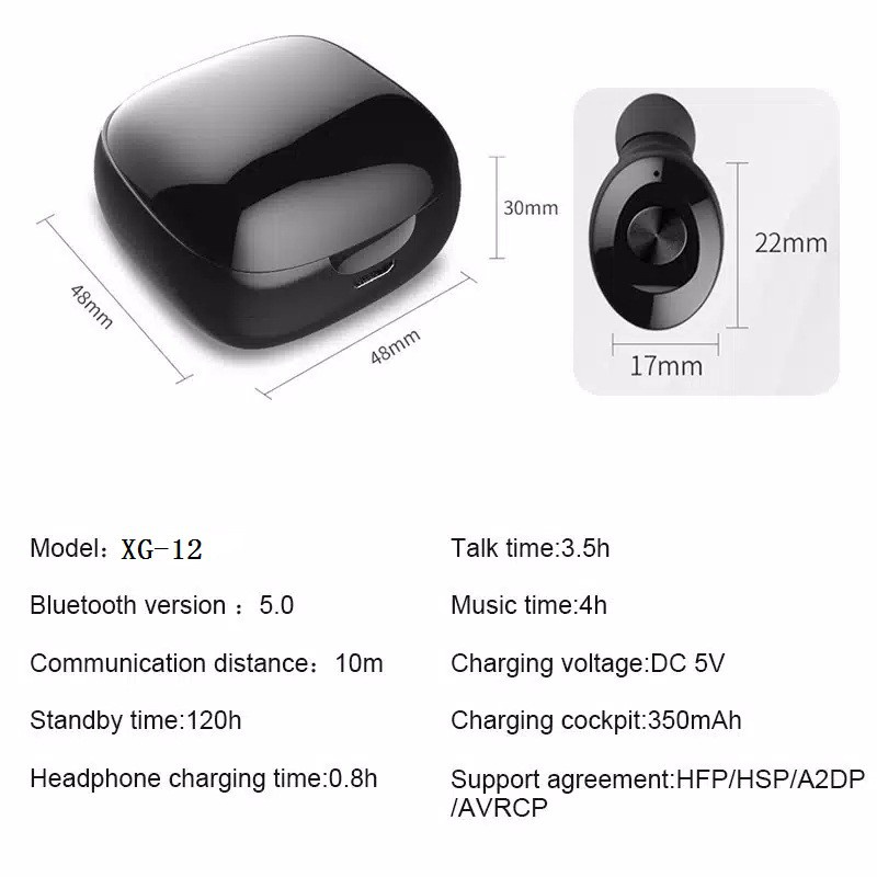 GROTIC Headset Bluetooth Earphone Wireless Stereo HIFI BT5.0 Sport Music Mini Earbuds TWS XG12