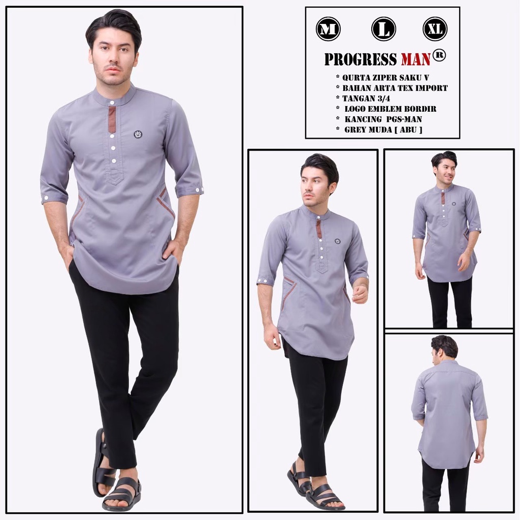 PROGRESS MAN Baju Muslim Pria Dewasa Premium  Kurta V  Koko Cowok Original Lengan Tiga Perempat kurta Pakistan Terbaru Lebaran 2023 Warna V MOCCA
