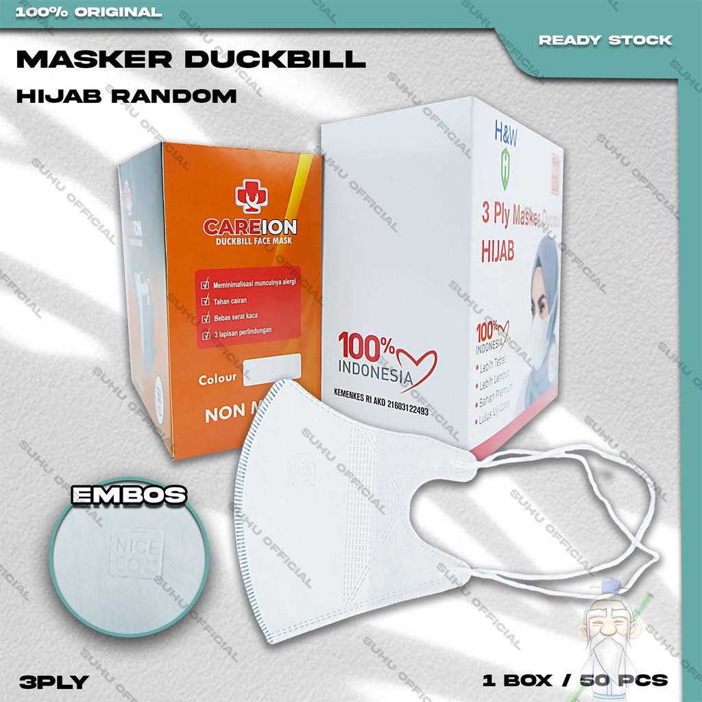 ❤️ SUHU ❤️ Masker Duckbil Hijab isi 50Pcs Warna Putih Hitam Abu Warna Duckbill Headloop Surgical Mask Kemenkes