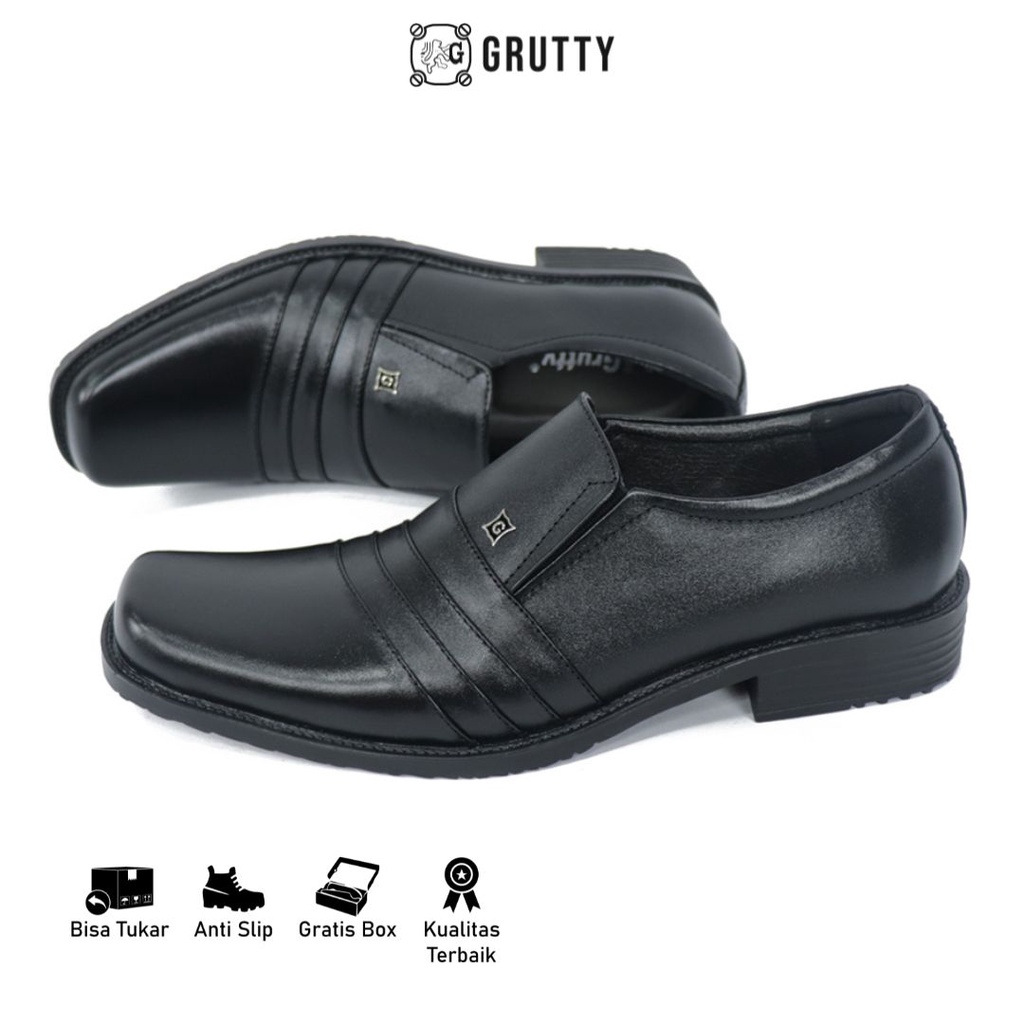 Sepatu Pria Formal Kulit Pantofel Kerja Kantor Model Slip On Grutty DC005 Hitam