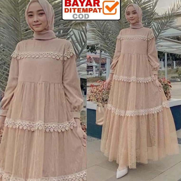 TERBAIK Gamis Maxi Renda Tile Cempaka / Baju kondangan Lebaran L XL XXL