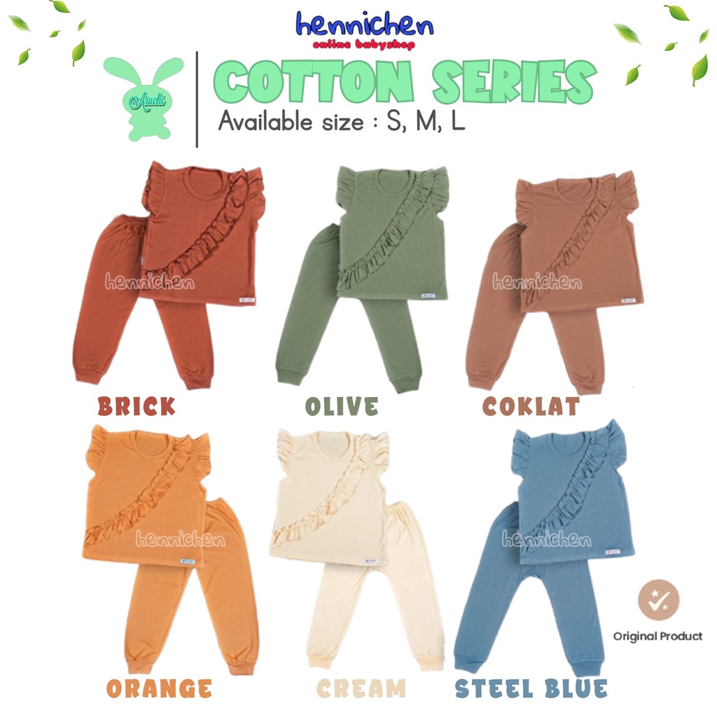 Aruchi Setelan 3M-4Y Setelan Kombinasi Cotton Ruffle Series Baju Pendek Celana Panjang Renda Aruchi