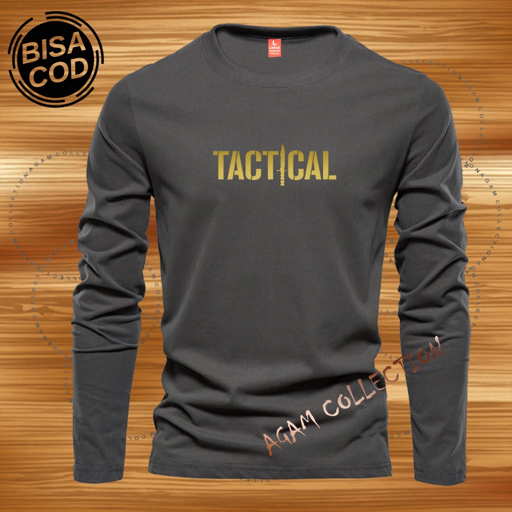 Agam Collection Baju Kaos Distro Tactical Text Gold Lengan Panjang Premium Quality Kaos Pria Keren Kaos Cewek/Cowok