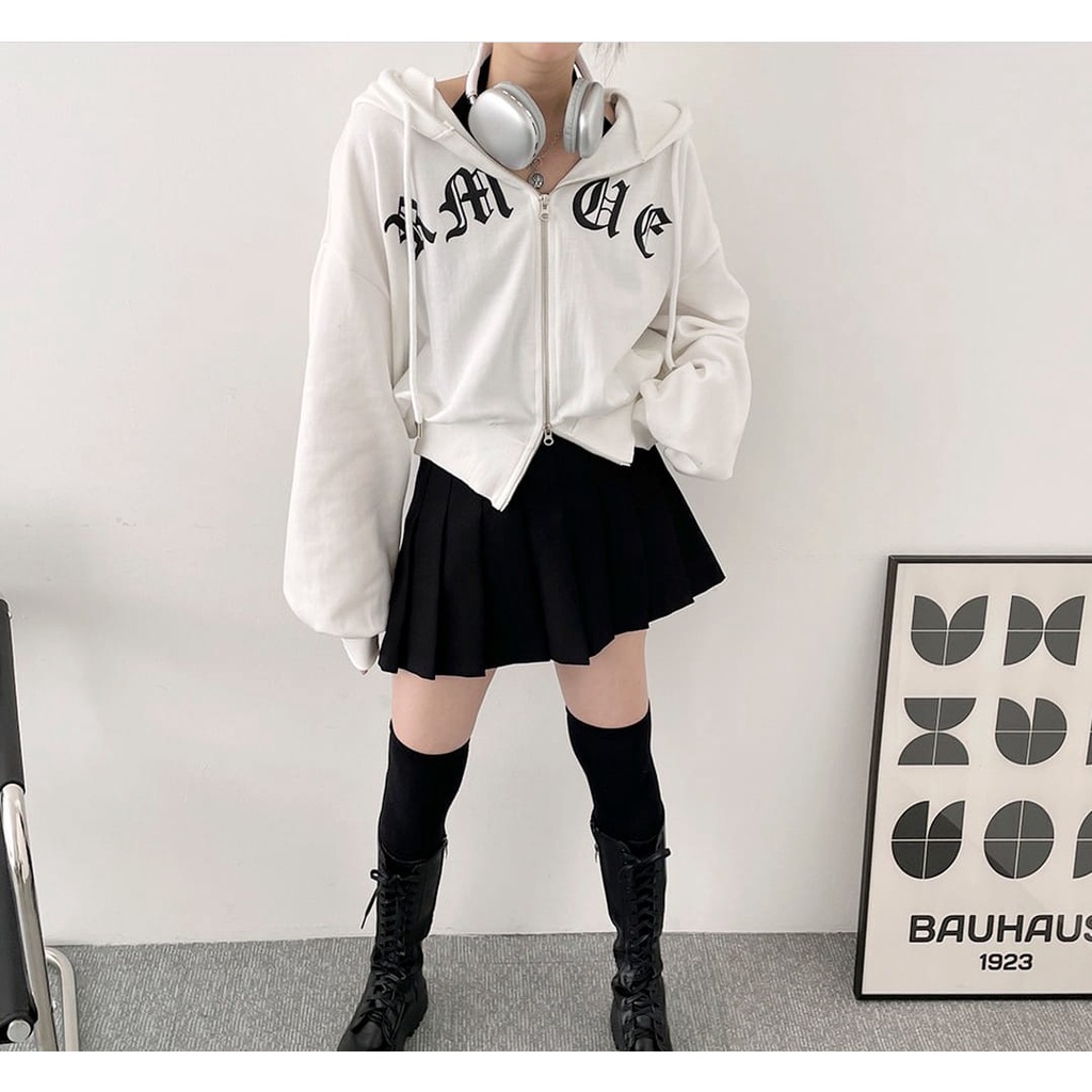 DOUBLE ZIPER HOODIE JAPANESE SEMI CROOPE - JAKET SEMI CROP WANITA KOREAN STYLE