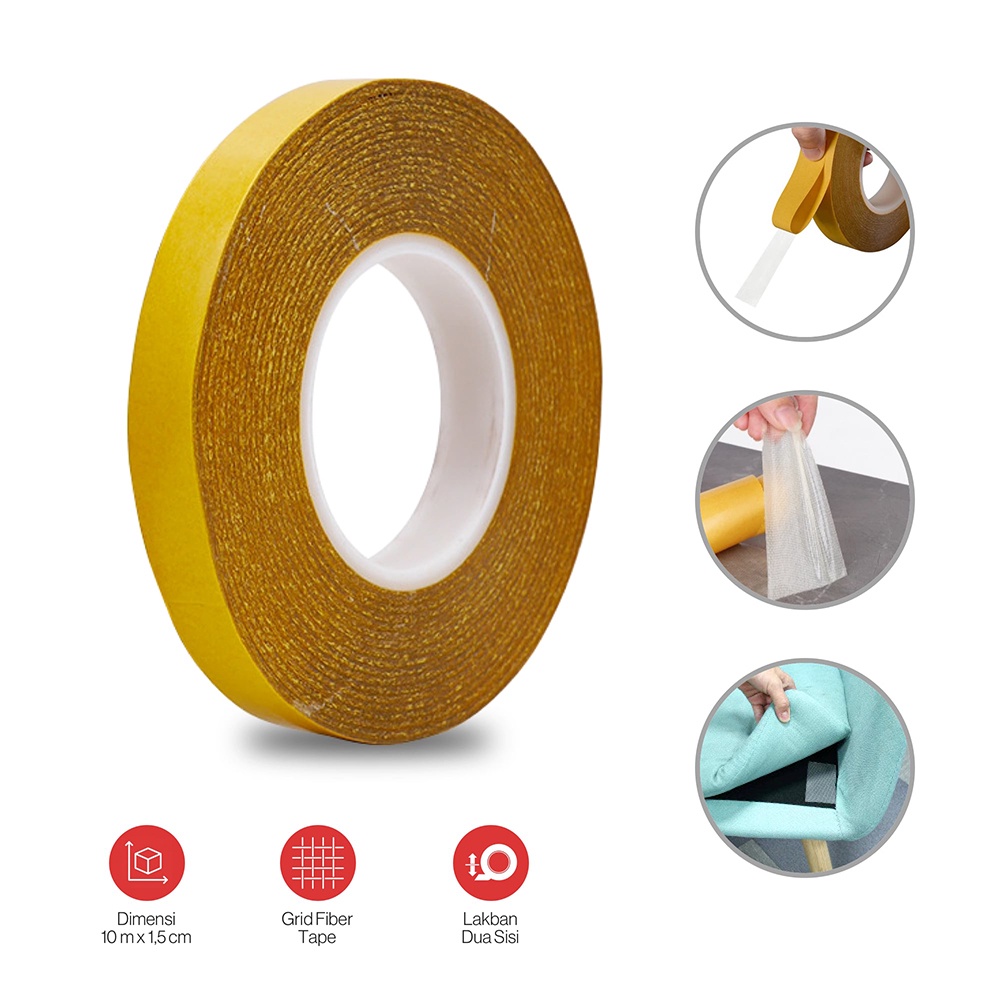 Lakban Dua Sisi Super Strong Grid Fiber Tape 15mm 10 Meter - DA30 - Golden