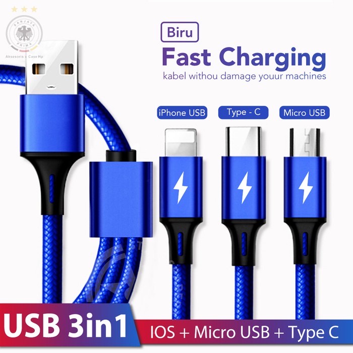 Kabel Data 3 in 1 Fast Charger Type C + Lightning + Micro Cable