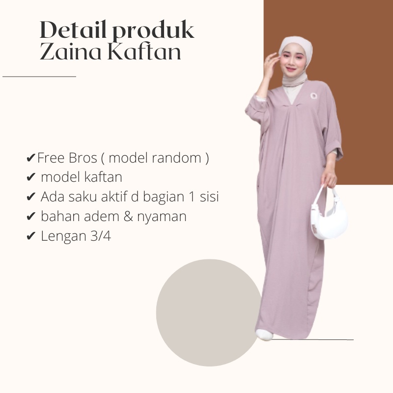 Zaina Kaftan Wanita Dewasa Polos Free Bros lengan 3/4 Bahan Crinkle Airflow Premium LD 130Cm Fit To XXL Jumbo / Fashion Muslim Lebaran Simple Mewah Kekinian