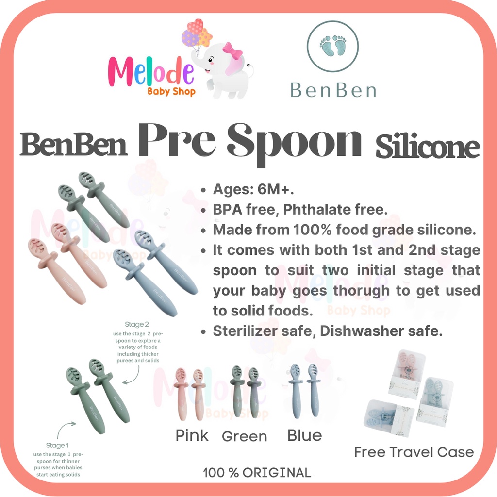 Benben Premium Silicone Baby Pre Spoon with Case / Sendok Makan Bayi