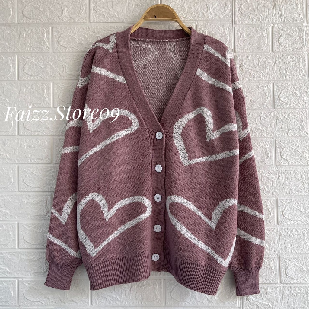 ANGELA CARDIGAN RAJUT KANCING POLOS MOTIF LOVE ATASA LENGAN PANJANG